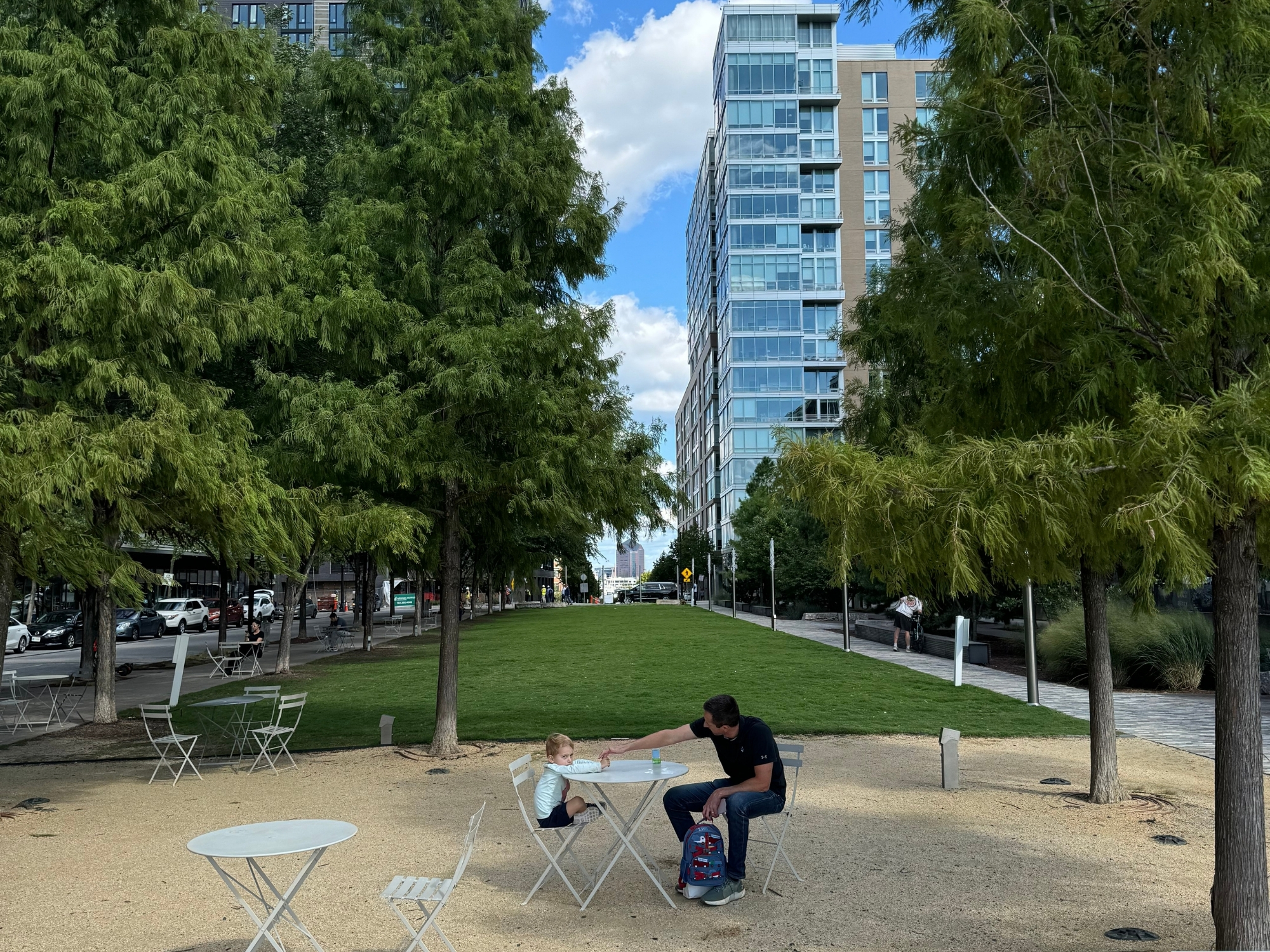 A quiet public green in Baltimore Harbor East during the day